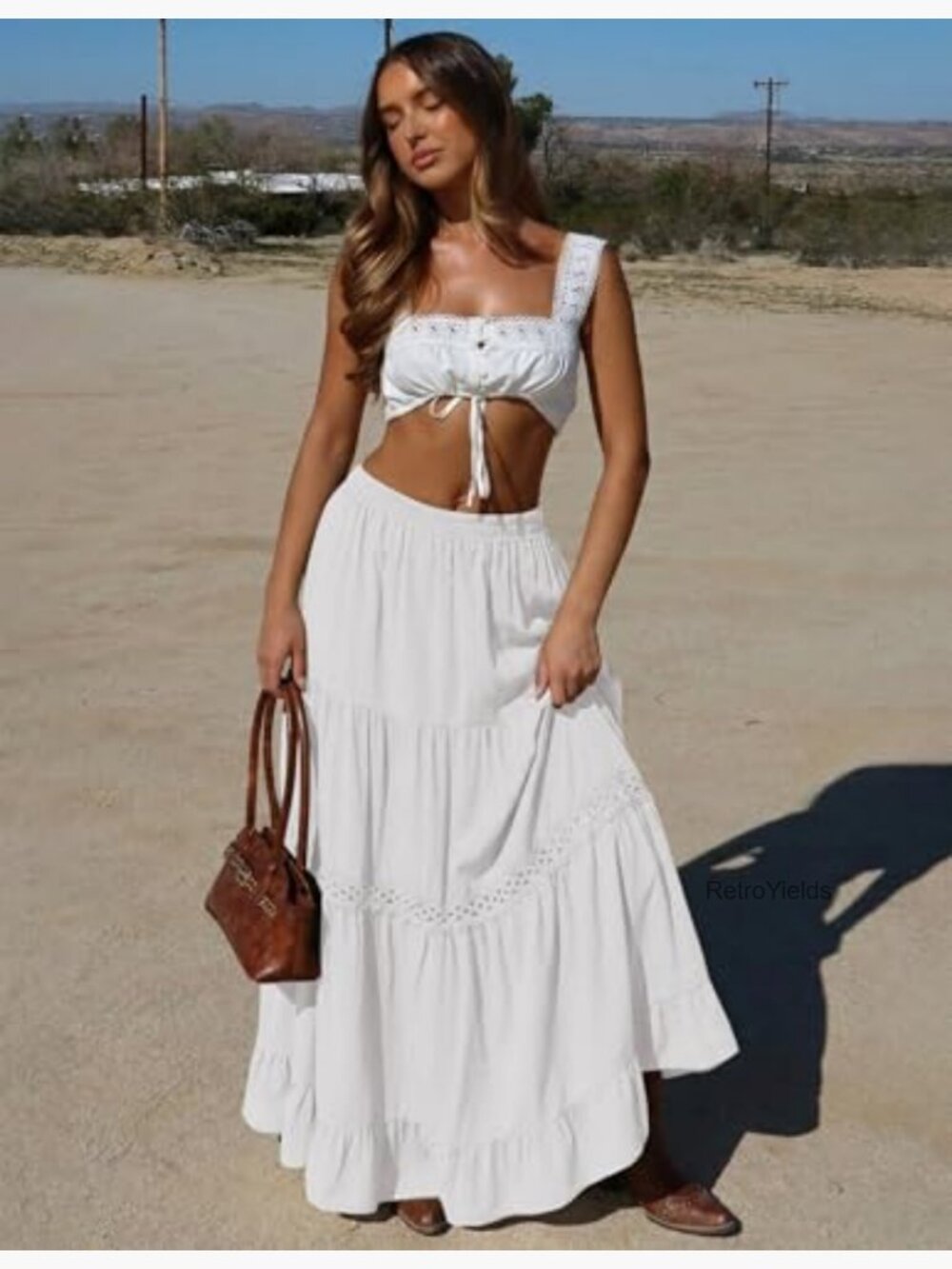 Long Maxi Cotton Skirts Boho Lace Crochet Tiered Flowy Ruffle A-Line Skirt - Picture 2 of 7
